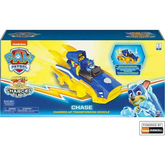 Paw Patrol, Mighty Pups Charged Up Chase Transforming Deluxe Vehicle Preschool Toy with Lights and Sounds