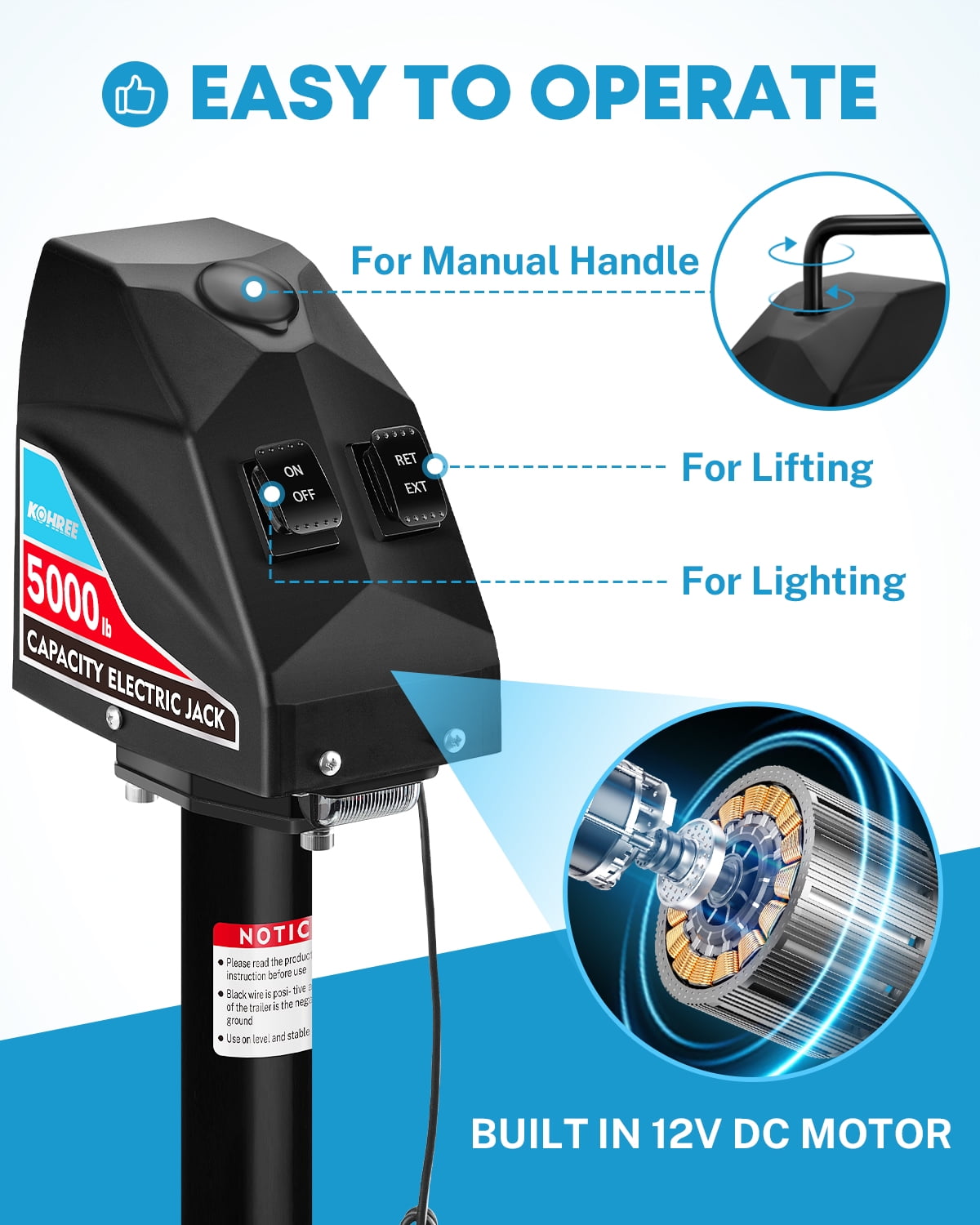 Kohree RV Electric Trailer Jack 5000lbs, Upgraded Stainless Steel Electric Power Tongue Jack with Cover & LED Light,12V with Wiring,9.8"-31.7" Lift
