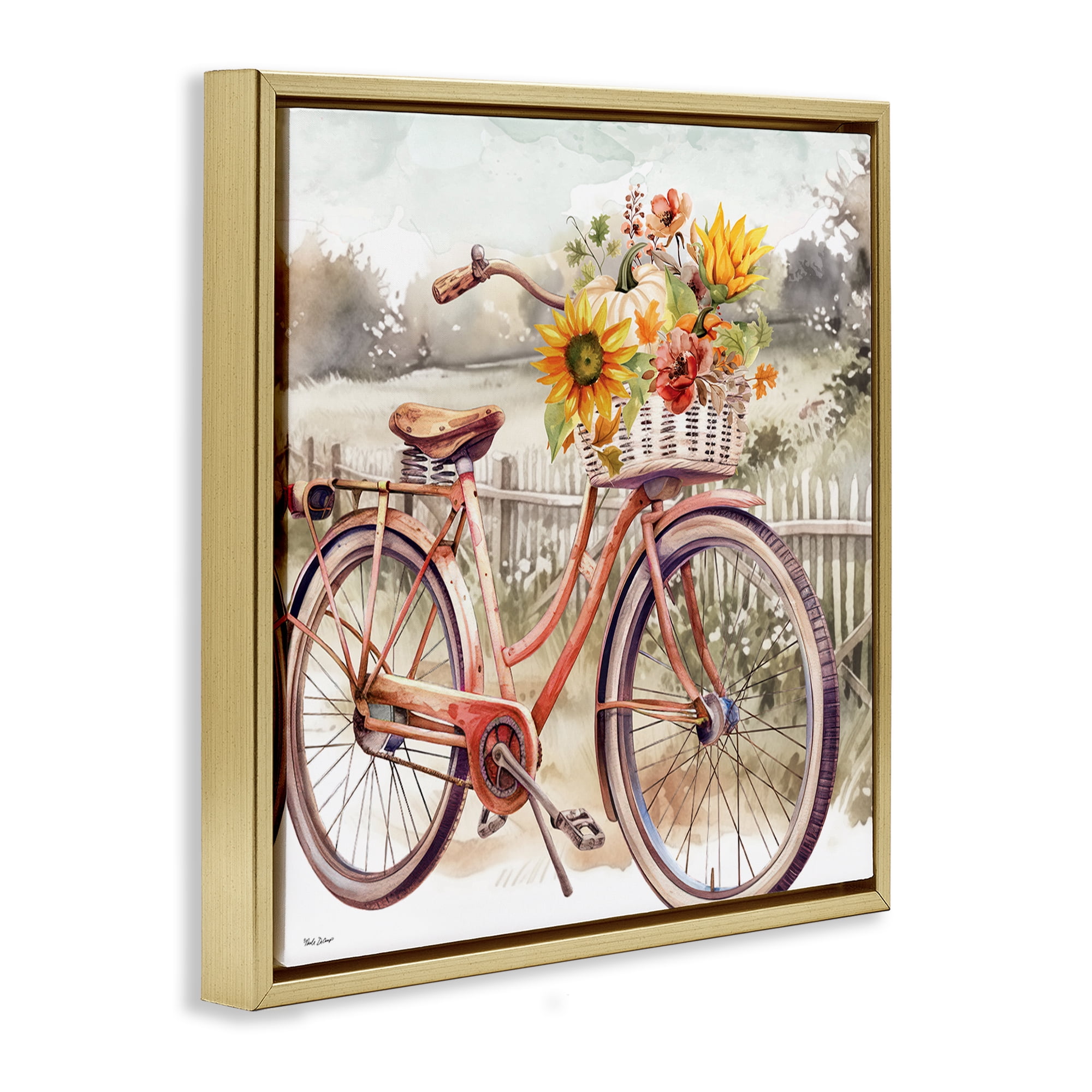 Stupell Industries Autumn Floral Bicycle Botanical & Floral Painting Gold Floater Framed Canvas Art Prints Wall Art, 18 x 18
