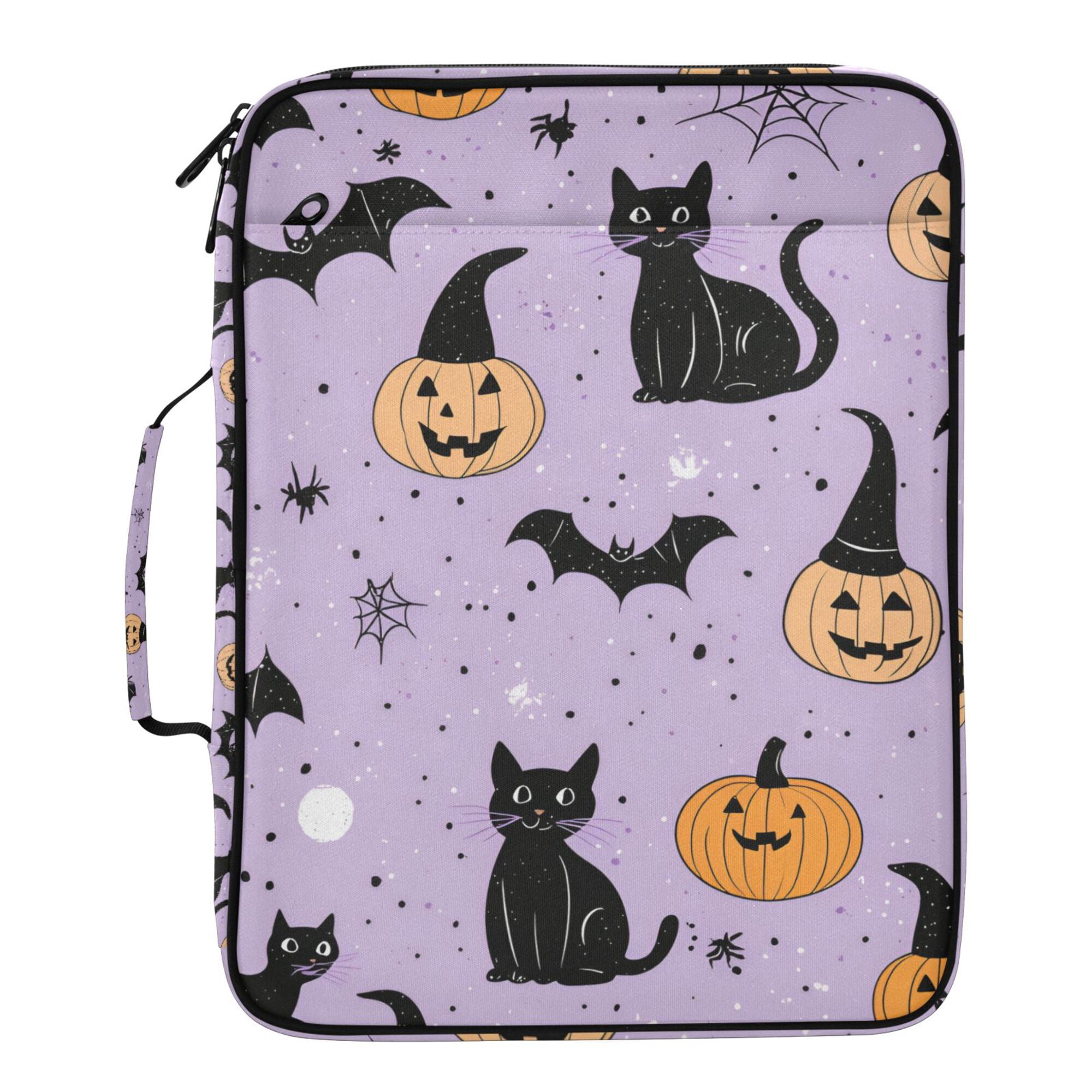 FORMRS Accordion File Folder A4 Size 7-Pocket Expanding Document Organizer Bag with 3 Ring Binder, Light Purple Halloween Black Cat