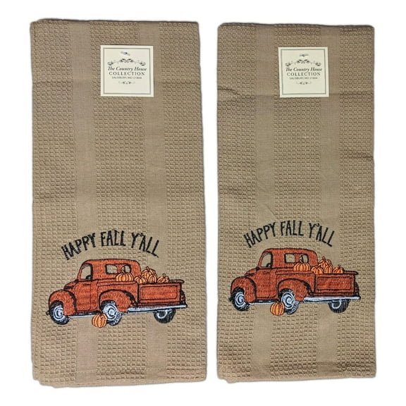Set of 2 HAPPY FALL Y'ALL Waffle Weave Autumn Truck Kitchen Towel, Country House
