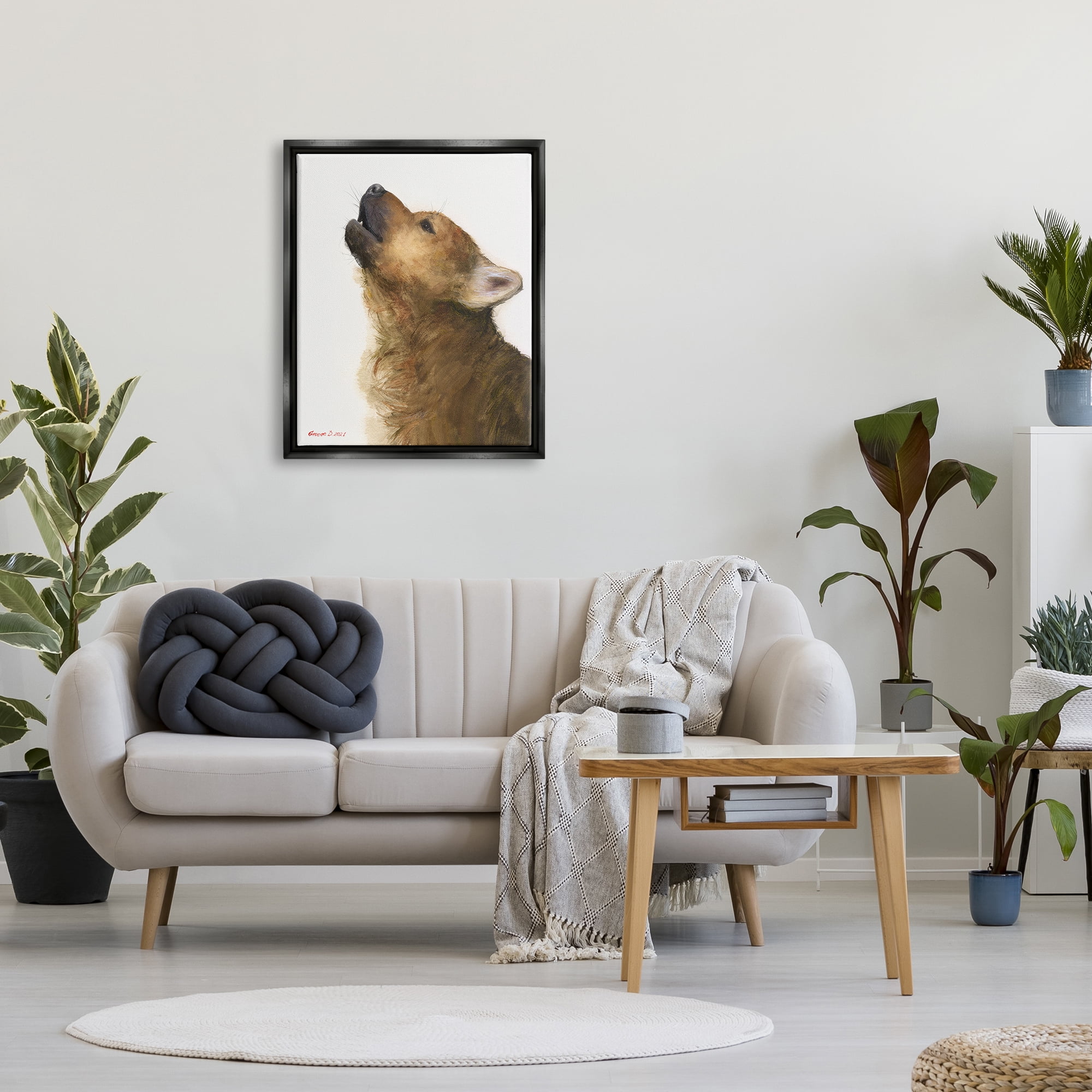 Stupell Industries Howling Brown Dog Portrait Intricate Details Painting Painting Jet Black Floating Framed Canvas Print Wall Art, Design by George Dyachenko