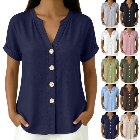IMENGL Blouses for Women Loose Summer Color V Neck Up and Comfortable Short Sleeved Top . Casual Outfits Basic Women's Button Down Shirt,M-XXXL