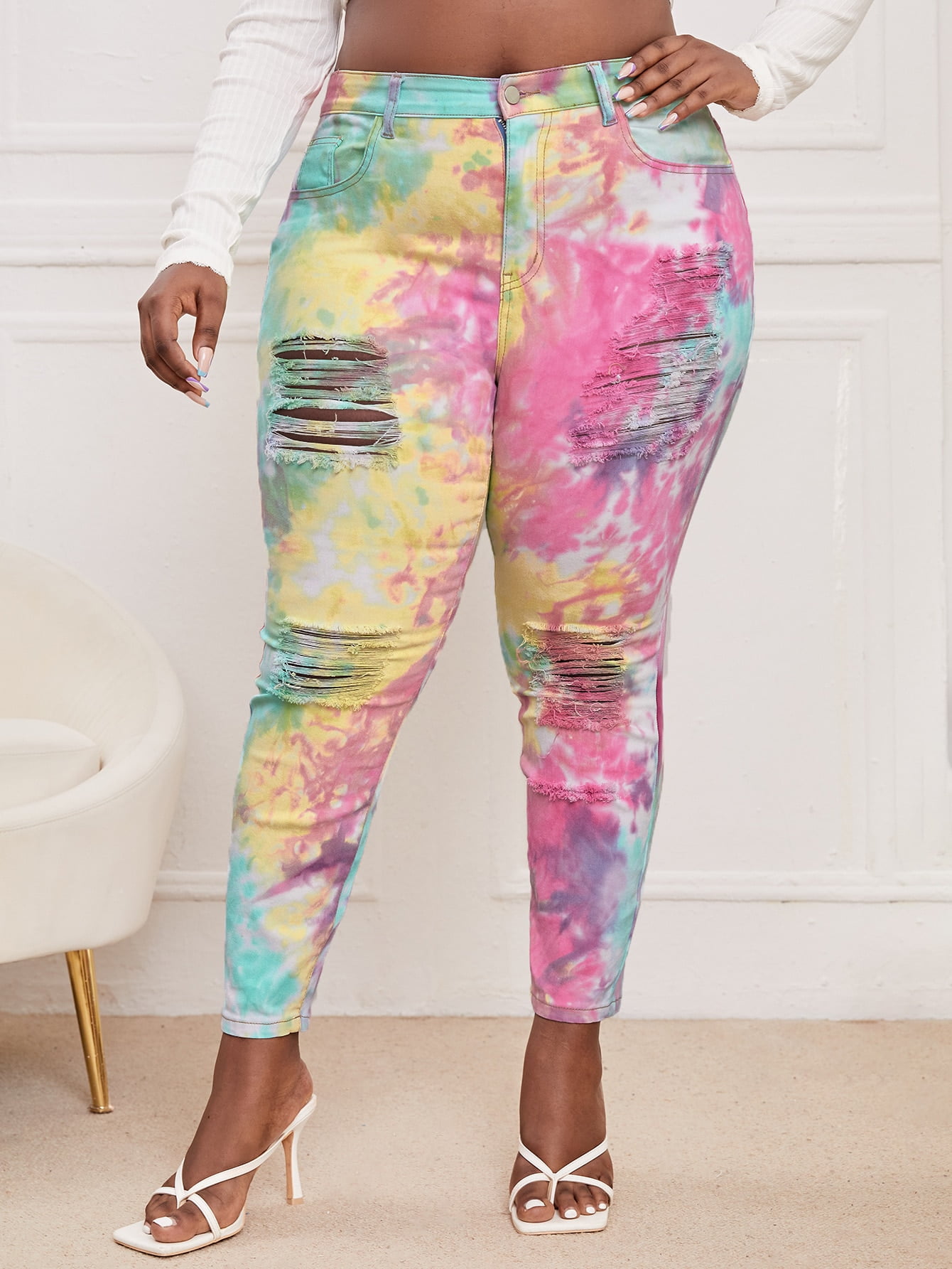 Women's Plus size Tie Dye Ripped Skinny 