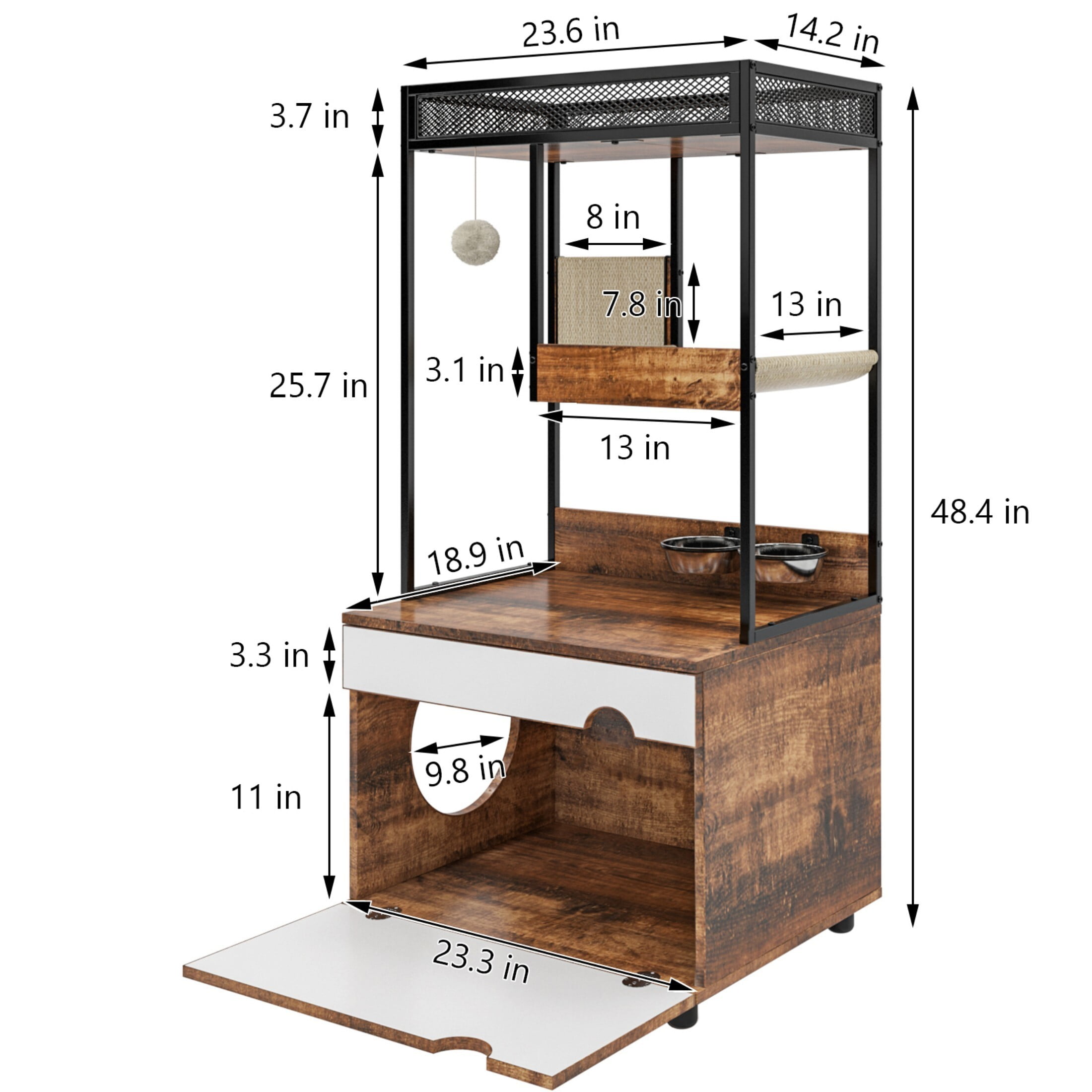 AENKYO 48.03 inch Indoor 4-level Cat Tree with Cat Nest, Cat Tower with 2 Bowls and Scratch Mats, Rustic Oak