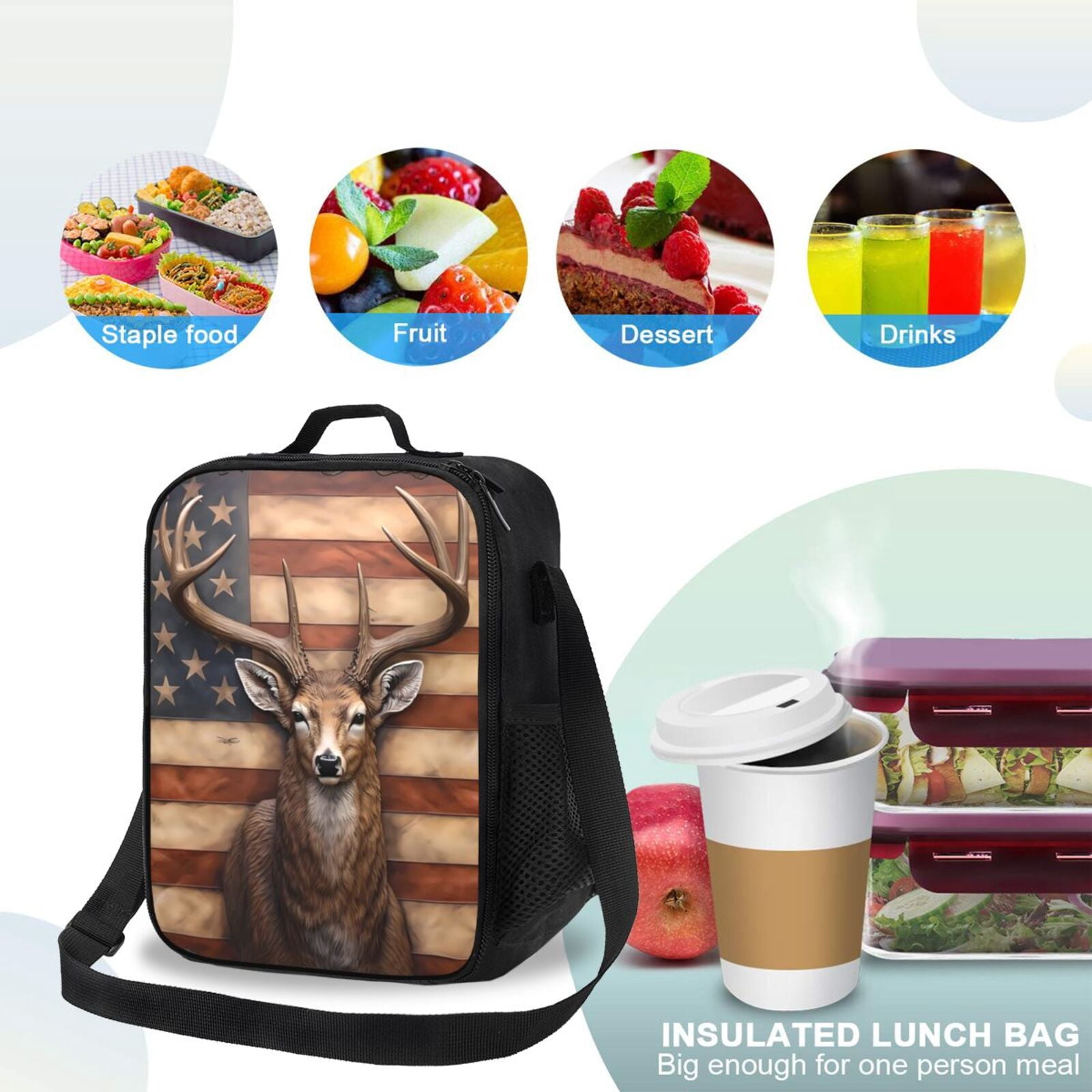 Defioc Deer American Flag Wall Print Lunch Box for Men & Women, Insulated Lunch Bag Thickened Thermal Leakproof Lunch Tote Bag for Adult Office Travel Picnic