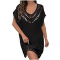 thumbnail image 2 of Antinious Ladies V-Neck Short Sleeve Hand Crochet Neck Splice Solid Coverup Versatile Casual Dress, 2 of 5