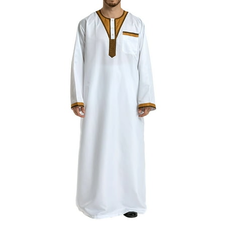 

OUNONA Men s Islamic Thobe Round Collar Splicing Long Sleeve Arab Muslim Wear Robe Clothes Size M (White)