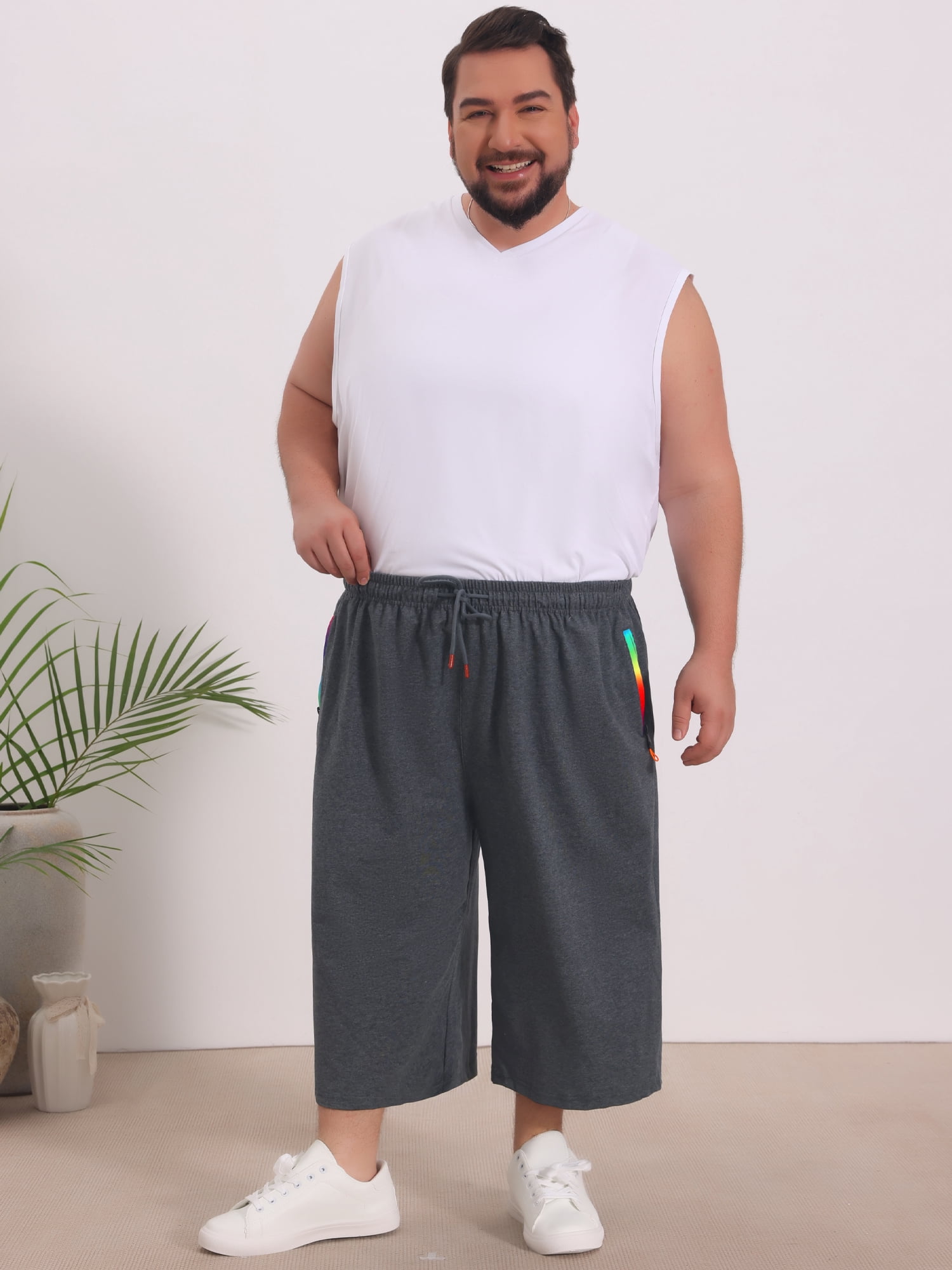 DARING DIVA Men's Zipper Pockets Stretch Drawstring Sport Big Tall Capri Pants 4XL Gray