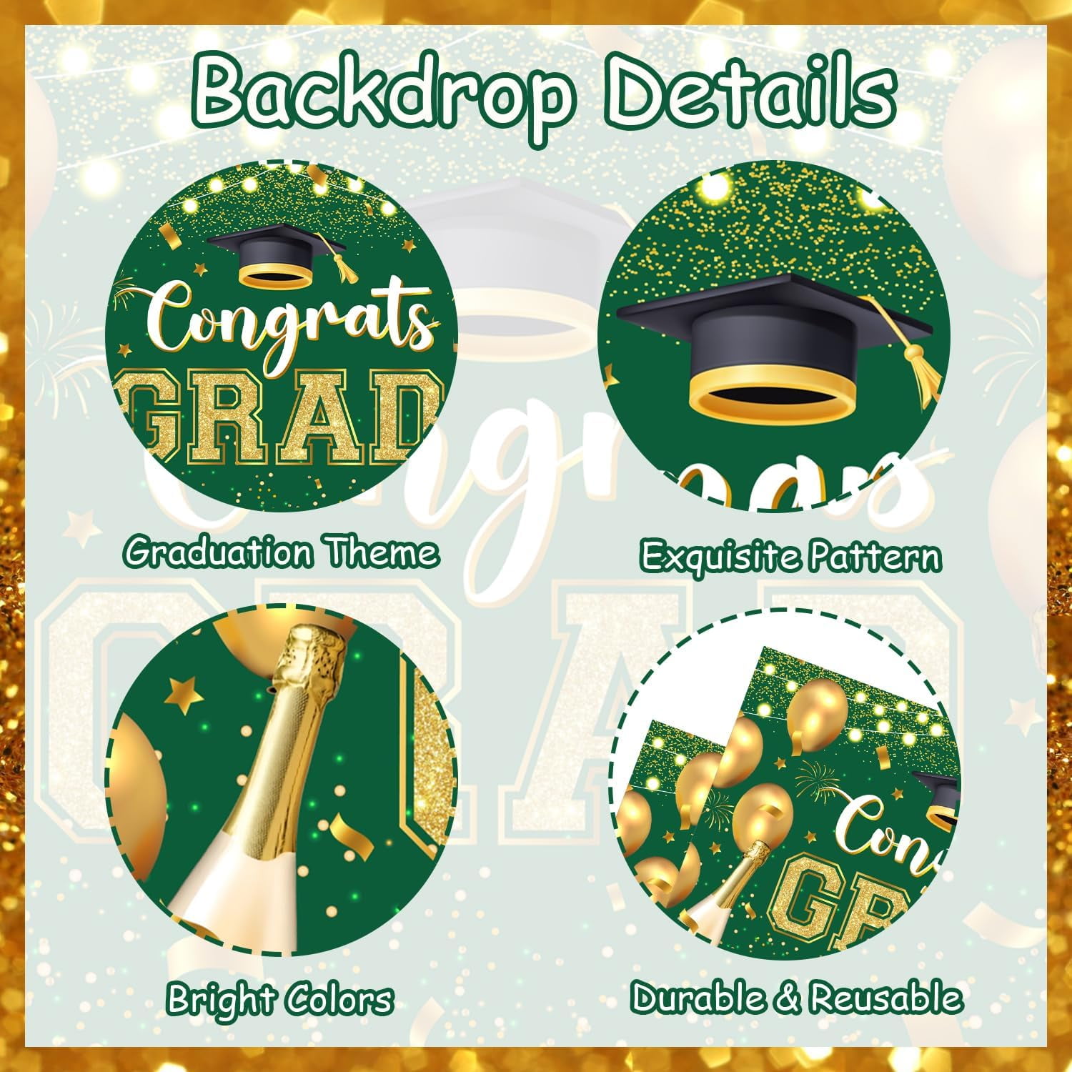 66Pcs Congrats Grad Decorations 2024, Green Gold Graduation Decor with Congrats Grad Backdrop Green Gold Silver Balloon Garland Arch Kit for Class of 2024 Grad Prom Graduation Supplies