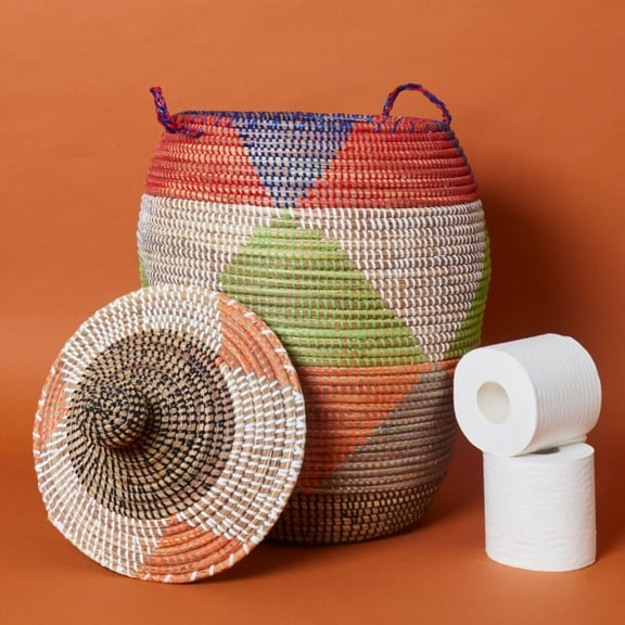 Decorative Wicker Basket with Lid  Handles, Clothes Hamper, Nursery Basket, Toy Storage, African Woven, Hood Lid, Colorful Triangles, Small Size