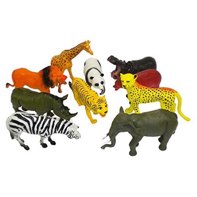 10 piezas grandes de animales de zoológico: set surtido de figuras plásticas multicolor con león, tigre, hipopótamo, elefante, jirafa, rinoceronte, cebra y guepardo; vista cenital con las figuras agrupadas sobre fondo blanco, tamaño aprox. 5–6 pulgadas, ideal para proyectos, colección o accesorios.