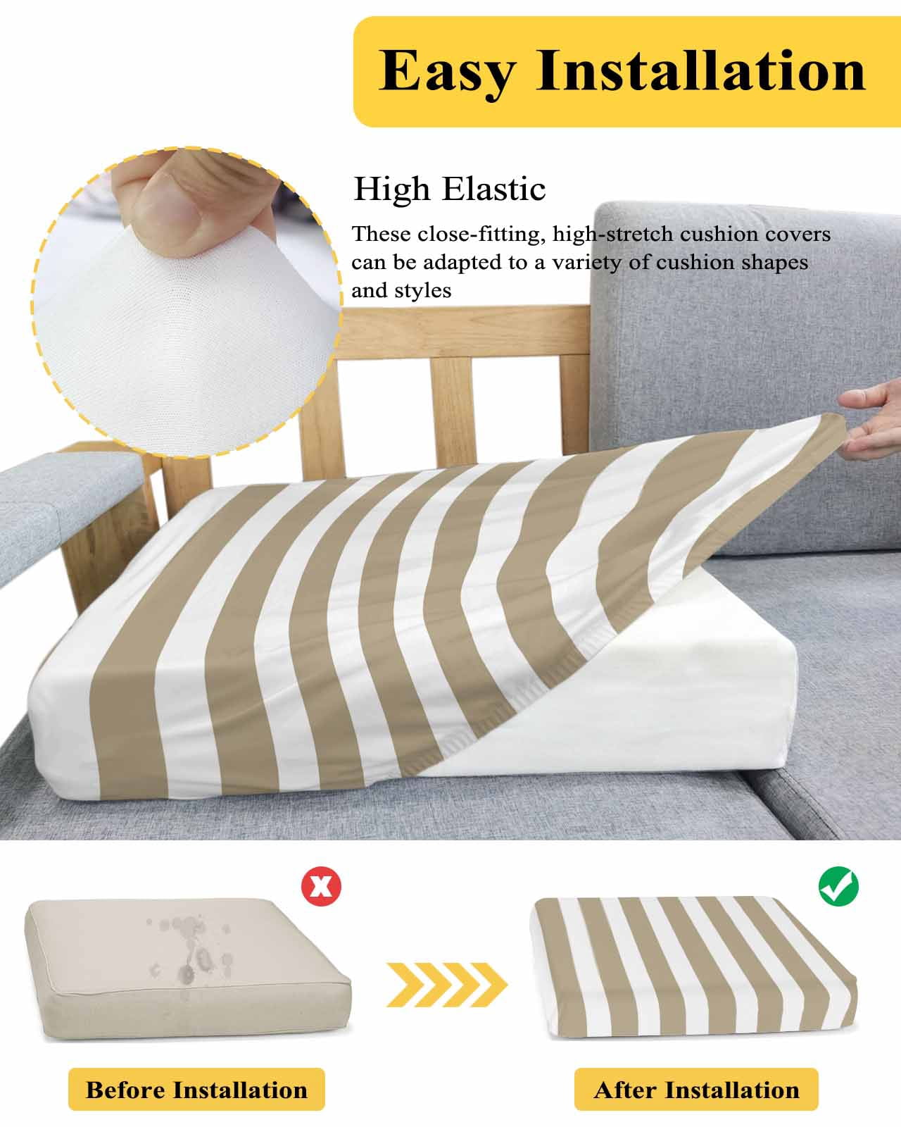Beige Striped Couch Cushion Covers,Stretch Seat Cushion Covers for Sectional Sofa,Modern Farmhouse Beige White Stripes T-shaped Sofa&nbsp;Slipcovers Furniture Protector with Elastic&Straps 3Pcs,S