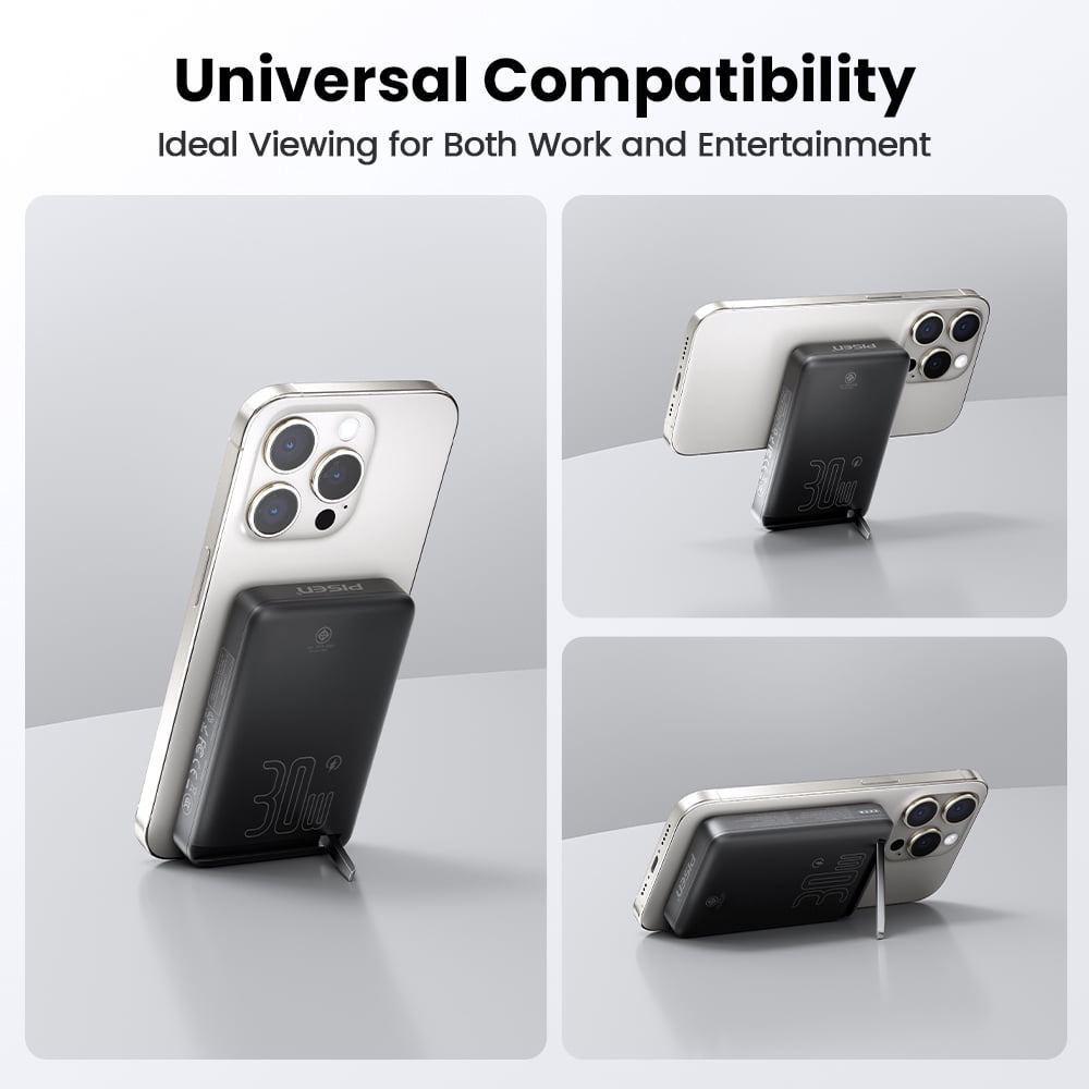 PISEN Wireless Portable Charger, Qi2 15w Wireless Battery Pack 10000mah with 30w PD Fast Charging, With Foldable Stand, Slim Flight-Safe USB C Battery Pack for Smart Phones and Tablets