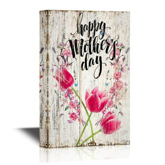 wall26 - Canvas Wall Art - Happy Mother's Day with Floral Wooden Textured Background Gallery Wrap Modern Home Art | Ready to Hang - 12x18 inches
