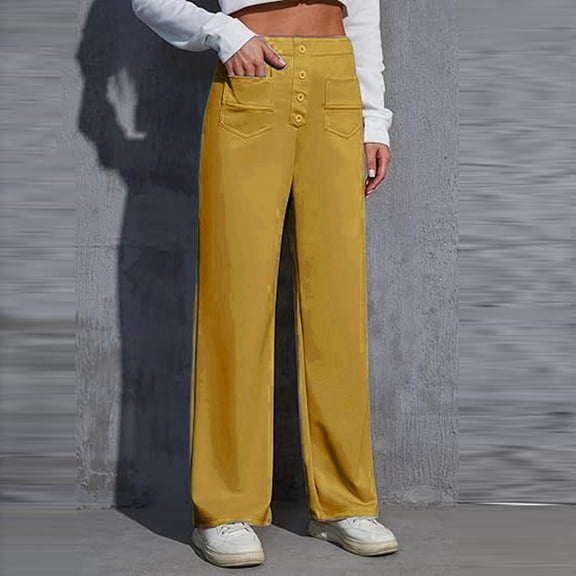 Rhuody Capri Pants For Women High Waist Trousers Straight Leg Button Down Work Business Pants Solid Color Slacks With Pockets Basic Trousers L Yellow