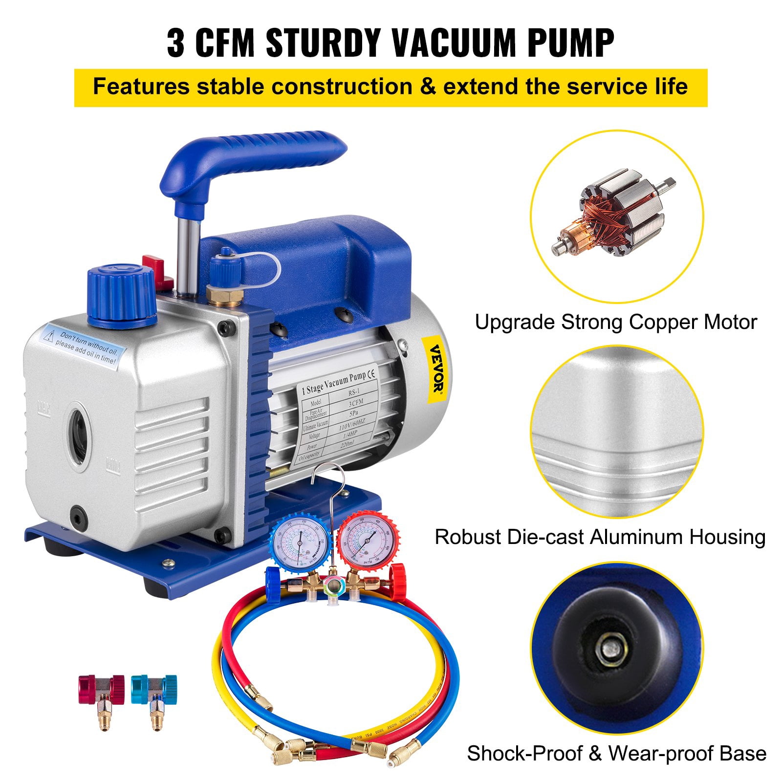 VEVOR 3CFM 1/4HP Single Stage Air Vacuum Pump HVAC R134a R12 R22 R410a A/C Refrigeration Kit AC Manifold Gauge R134 Can Tap Included Carrying Tote