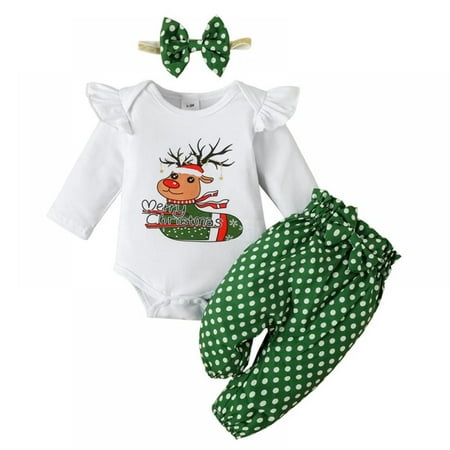 

Popvcly Newborn Baby Girls Christmas Deer Outfits Clothes Infant Toddler Long Sleeve Ruffer Romper + Pant + Headband 3PCS Set