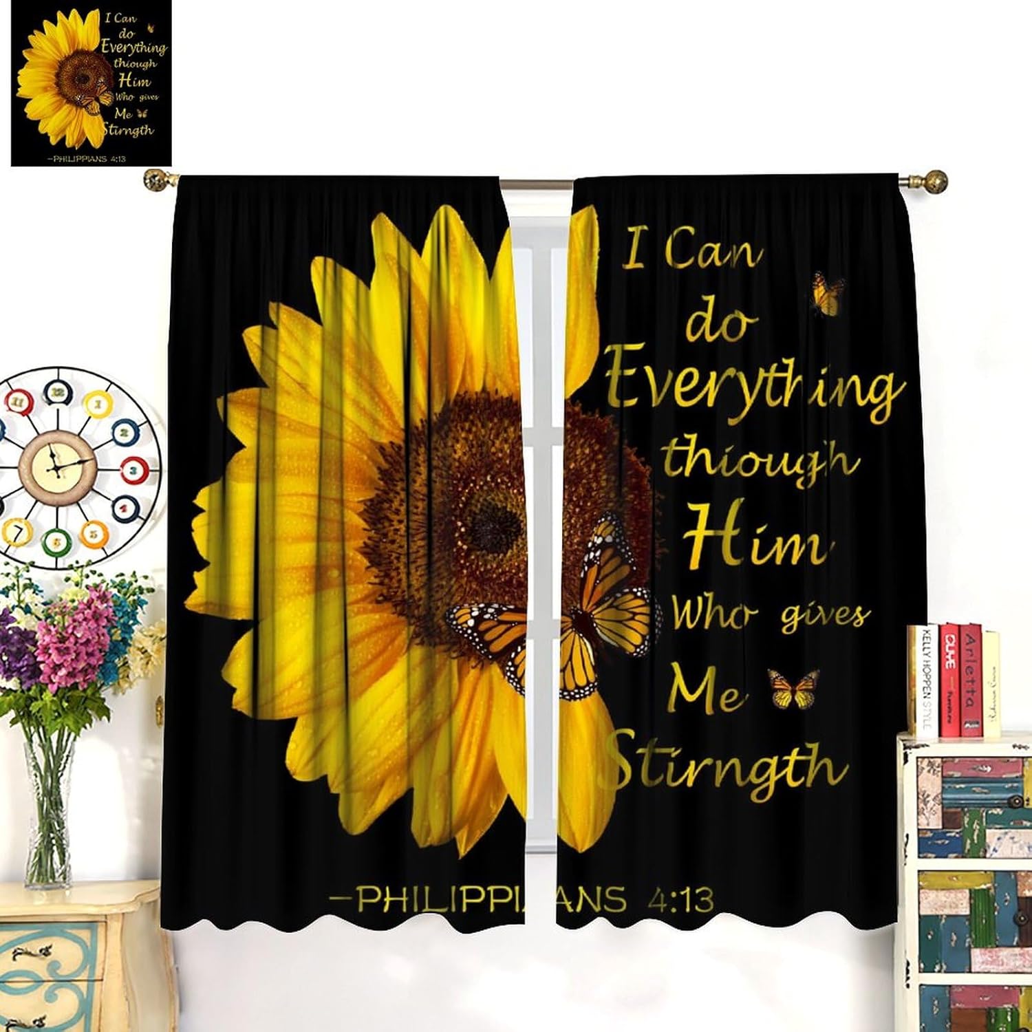 Sunflower Blackout Curtains for Kitchen,Black Pithy Rustic Sunshine Beautiful Wonderful Sunflower Plant Flower Butterfly Window Drapes Print for Kids Girls Bedroom Living Room Bathroom 42x54in