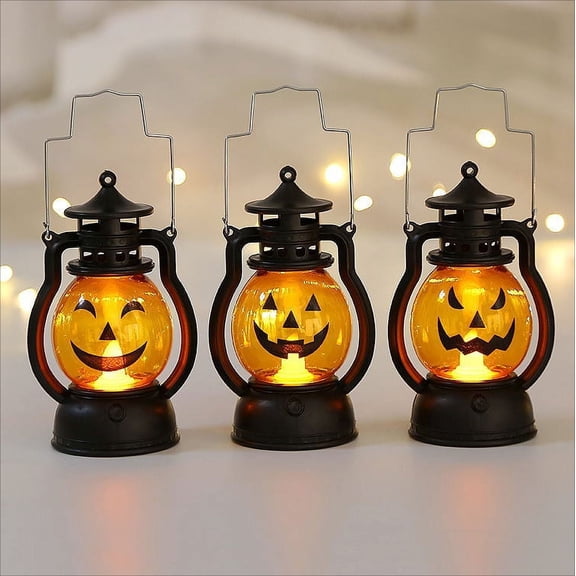 3 Pack Halloween Funny LED Lantern Lights, Battery Operated Small Vintage Flameless Lantern Decorative Lamp, for Halloween Indoor Outdoor Yard Garden Lawn Party Decoration, 5in
