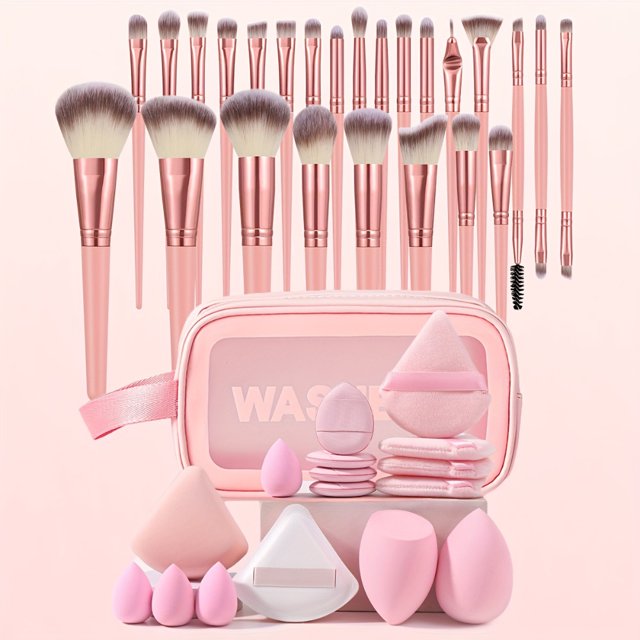 LNGOOR 42pc Face Makeup Tools Set 25pcs Makeup Brushes & 1pcs Makeup Storage Bag & 2pcs Large Makeup Sponge & 4pcs Scalloped Powder Puff & 2pcs Scalloped Thickened Powder Puff & 4pcs Thu