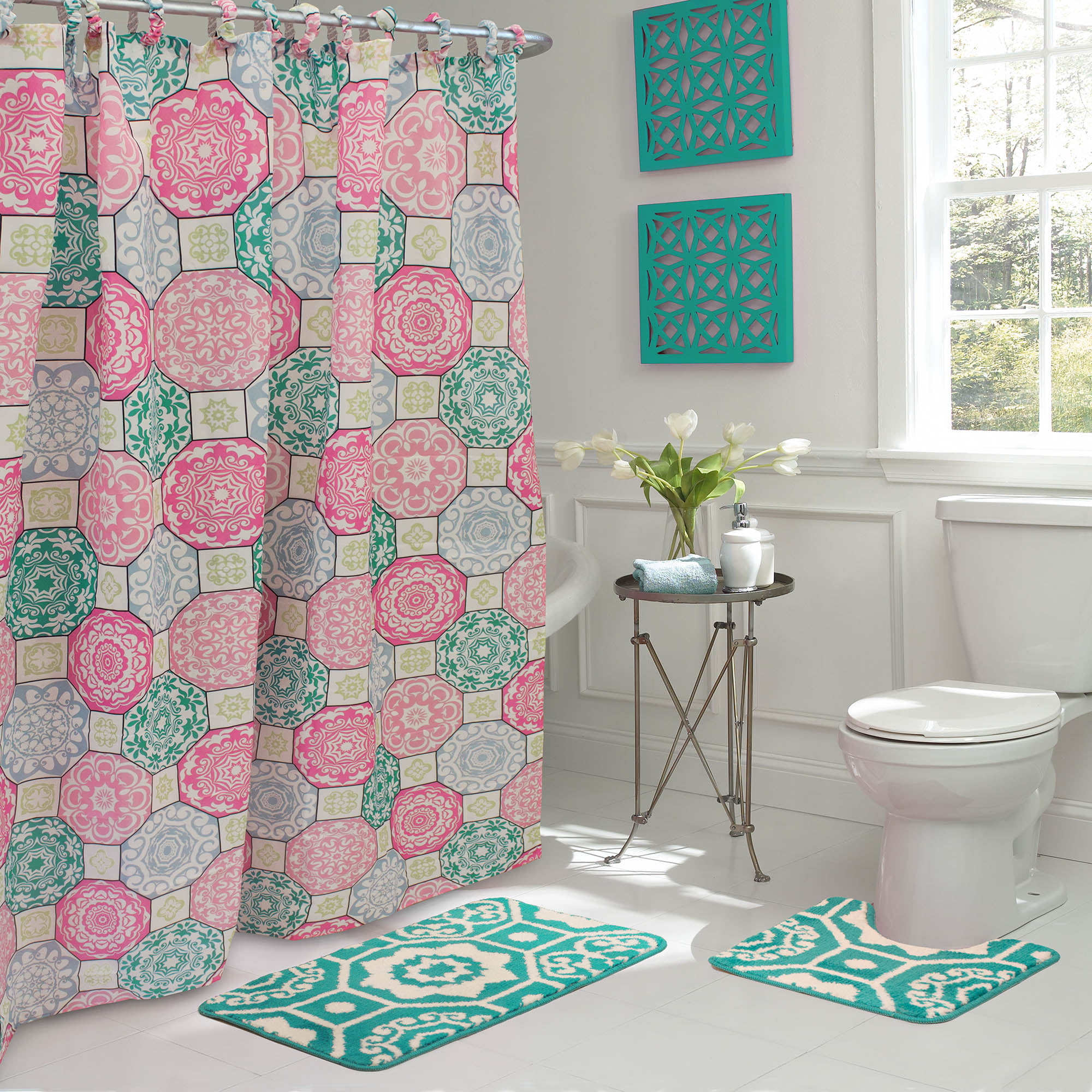 Details about   71"x71" King Print Bathroom Toilet Rug Lid Toilet Cover Mat Shower Curtain Set 