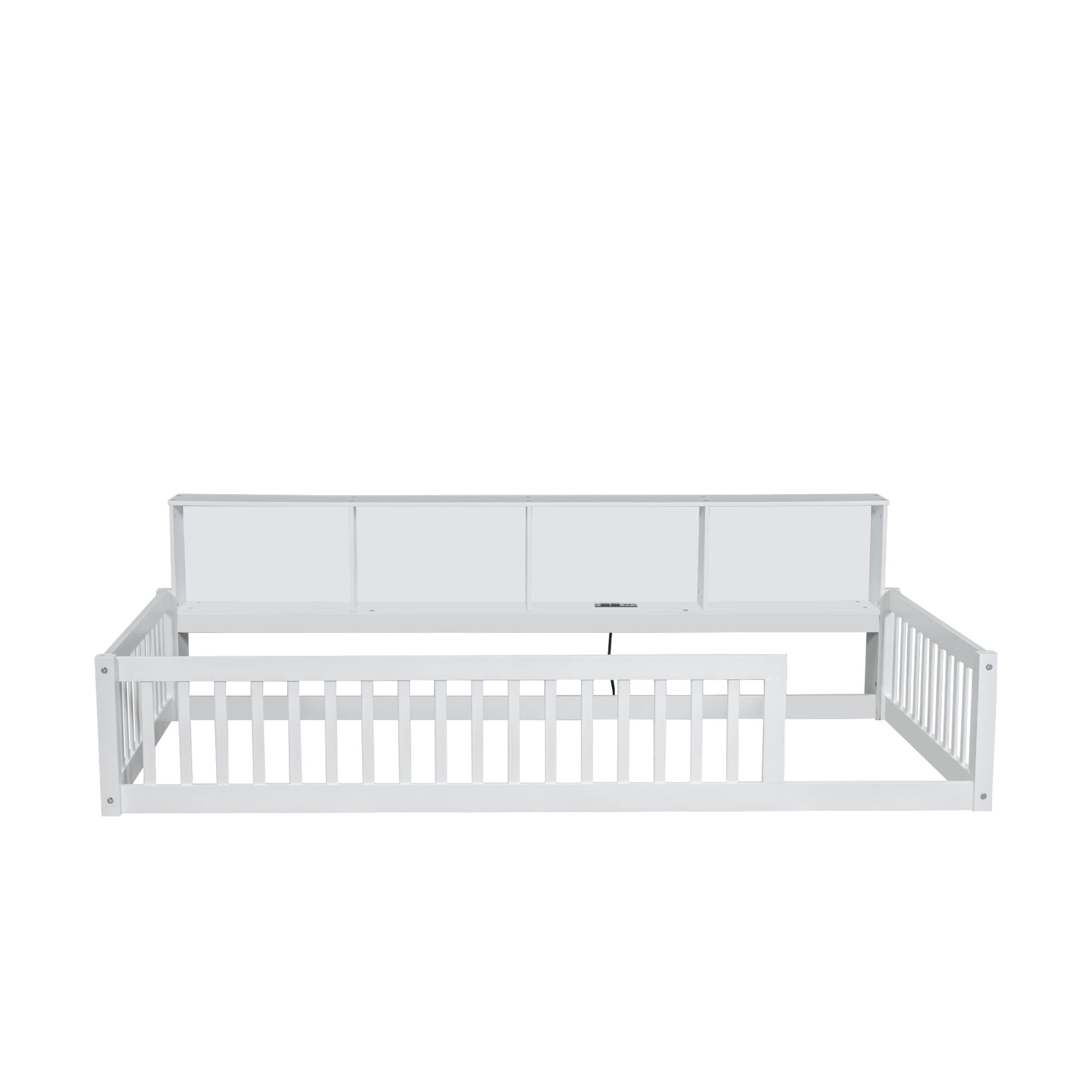 Noble House Twin XL Wood Floor Bed with Storage Cabinets and USB Charging Station, Space Saving Design, White