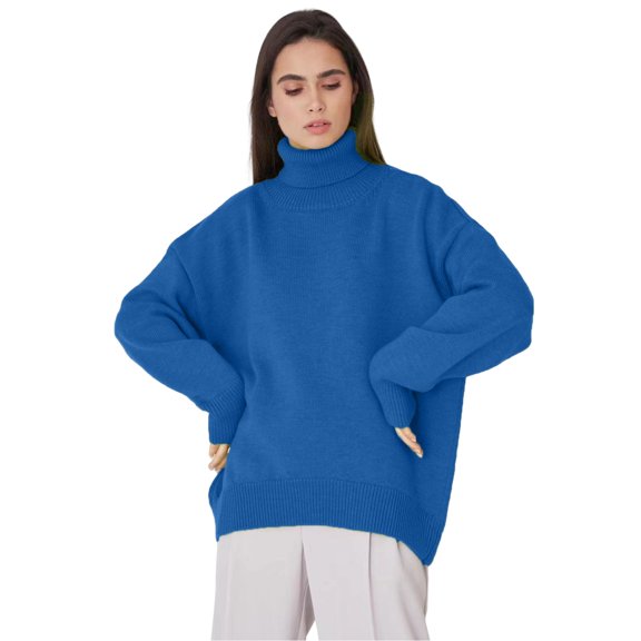 ManxiVoo Women's Thick Knit Turtleneck Sweater Oversized Loose Pullover Top for Fall and Winter Season L Size Blue