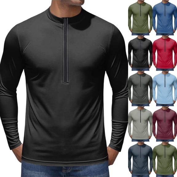 2026 Men's Long Sleeve Sun Shirts Stand Collar 1/4 Zip Up Fishing Running Rash Guard Outdoor Lightweight T-Shirts,Black,L