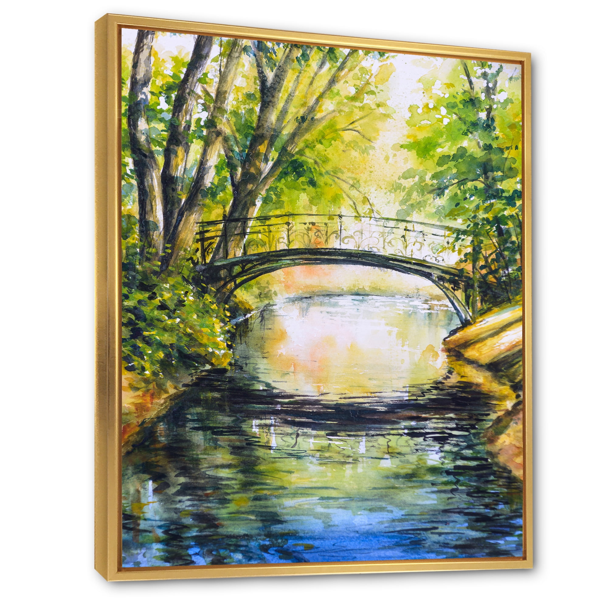 Designart 'Forest Park With Bridge Over Troubled Water' Lake House Framed Canvas Wall Art Print