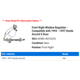 thumbnail image 2 of Front Right Window Regulator - Compatible with 1994 - 1997 Honda Accord 4-Door 1995 1996, 2 of 2