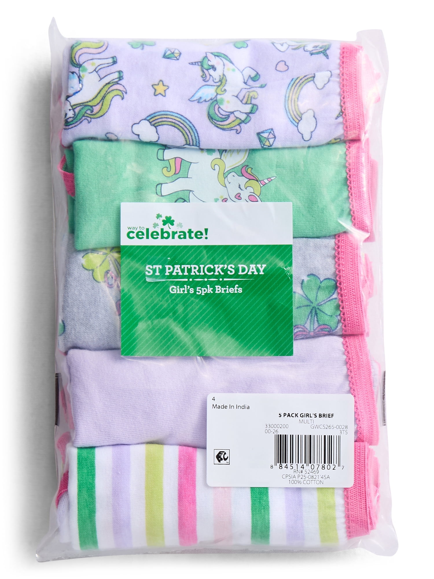 St Patrick's Day Girls Cotton Underwear Briefs from Way To Celebrate, 5-Pack, Sizes S-XL