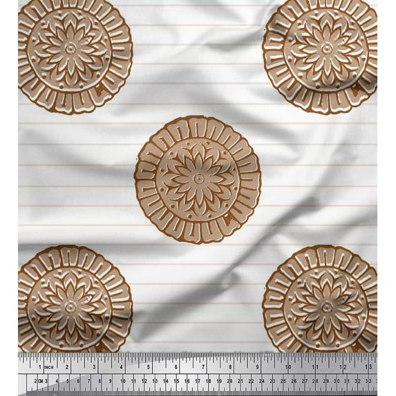 Soimoi Brown Modal Satin Fabric Stripe & Floral Block Printed Fabric 1 Yard 42 Inch Wide