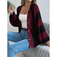 thumbnail image 2 of Women'S Autumn and Winter Contrast Striped Trumpet Sleeve Cardigan Sweater Mid-Length Coat Wine Red XL, 2 of 8