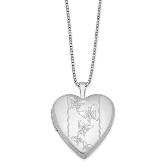 Primal Silver Sterling Silver Rhodium-plated 20mm with Butterflies Heart Locket with 18-inch Box Chain