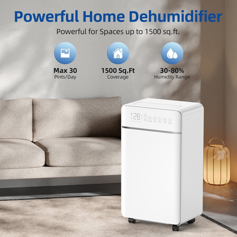 30 pt. 2000 sq.ft. Dehumidifier for Home with Bucket, Drain Hose, in White, Cloth Dry