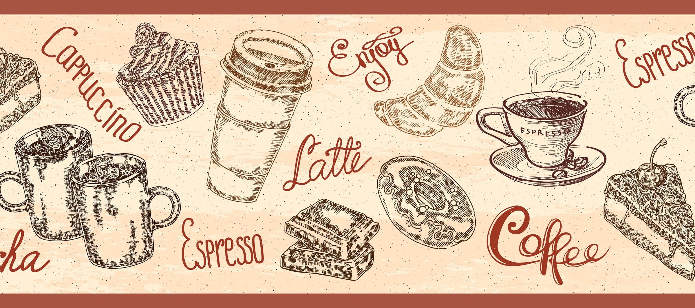 GB80011 Coffee Illustrations Peel and Stick Wallpaper Border 10in Height x 18ft Beige/Brown/Burgundy