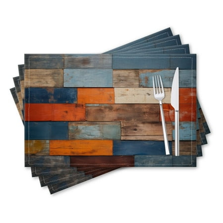 

BaHomeck placemats Set of 4 rectangle Linen Cotton Placemats for Dining Table Washable Heat Resistant 18*12inch Wooden Wall With Different Blue And Orange Wood Planks