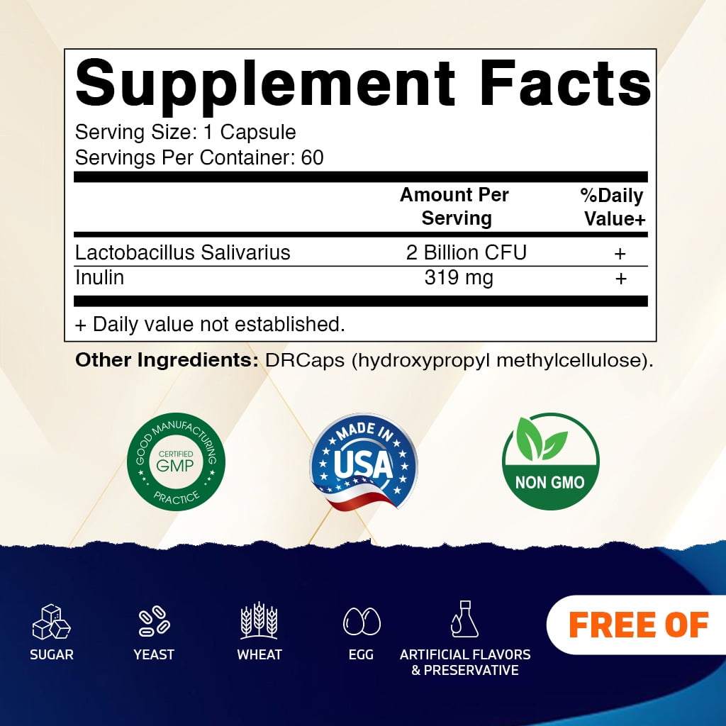 Vitamatic Lactobacillus Salivarius 2 Billion per DR Capsule - 60 Count - Digestive Support - Made with Prebiotic Inulin Fiber (3 Bottles)