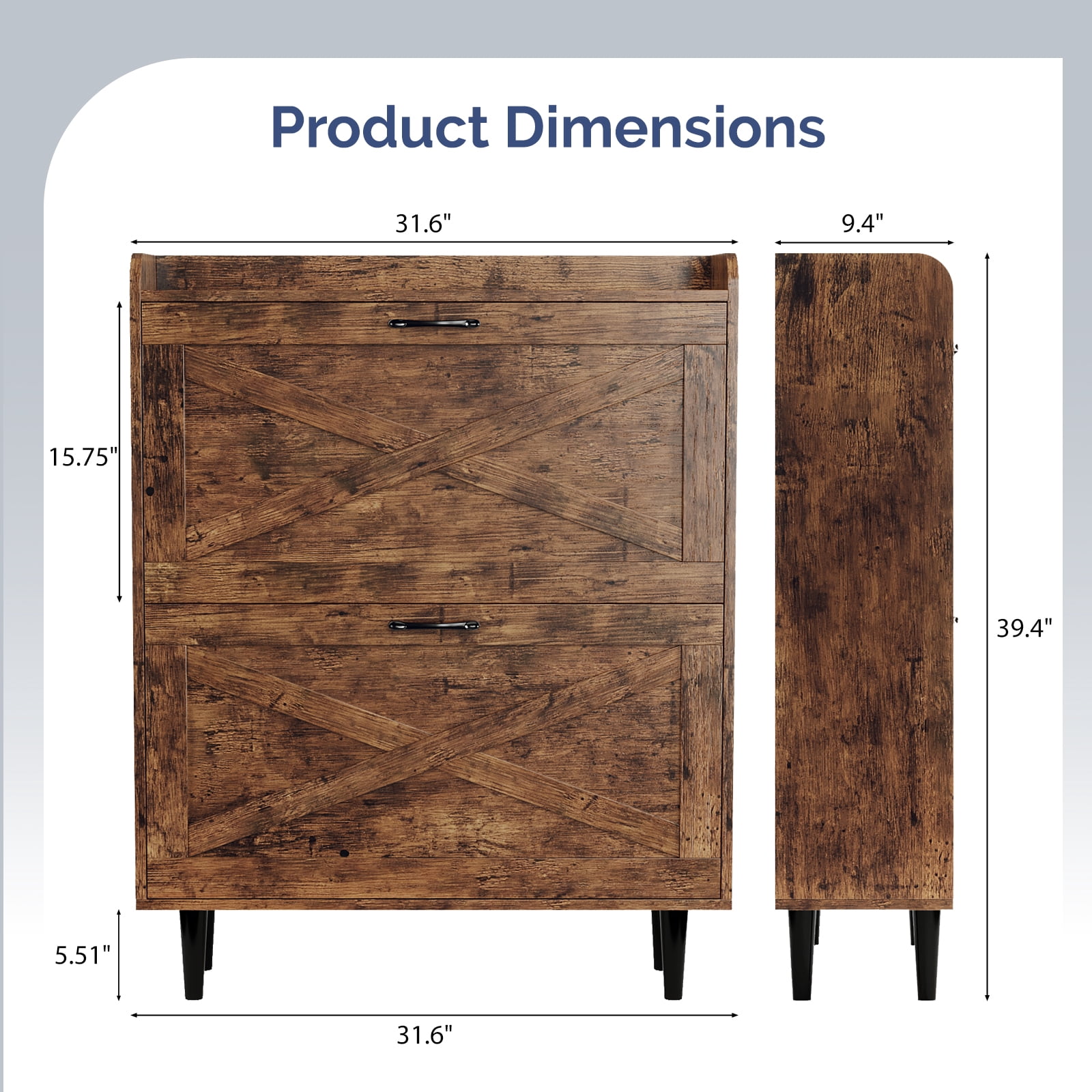 2 Flip-Top Drawer Shoe Cabinet with Sliding Barn Door and Guard-Rail