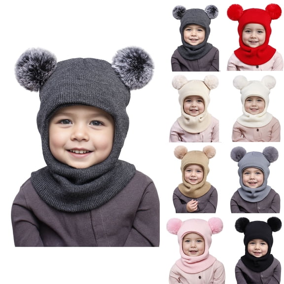 Lispipm Baby Toddler Winter Hat Scarf Set One Piece Pompom Soft Beenie Neck Warmer Stretchy Hat Hood for Girls Boys Beige