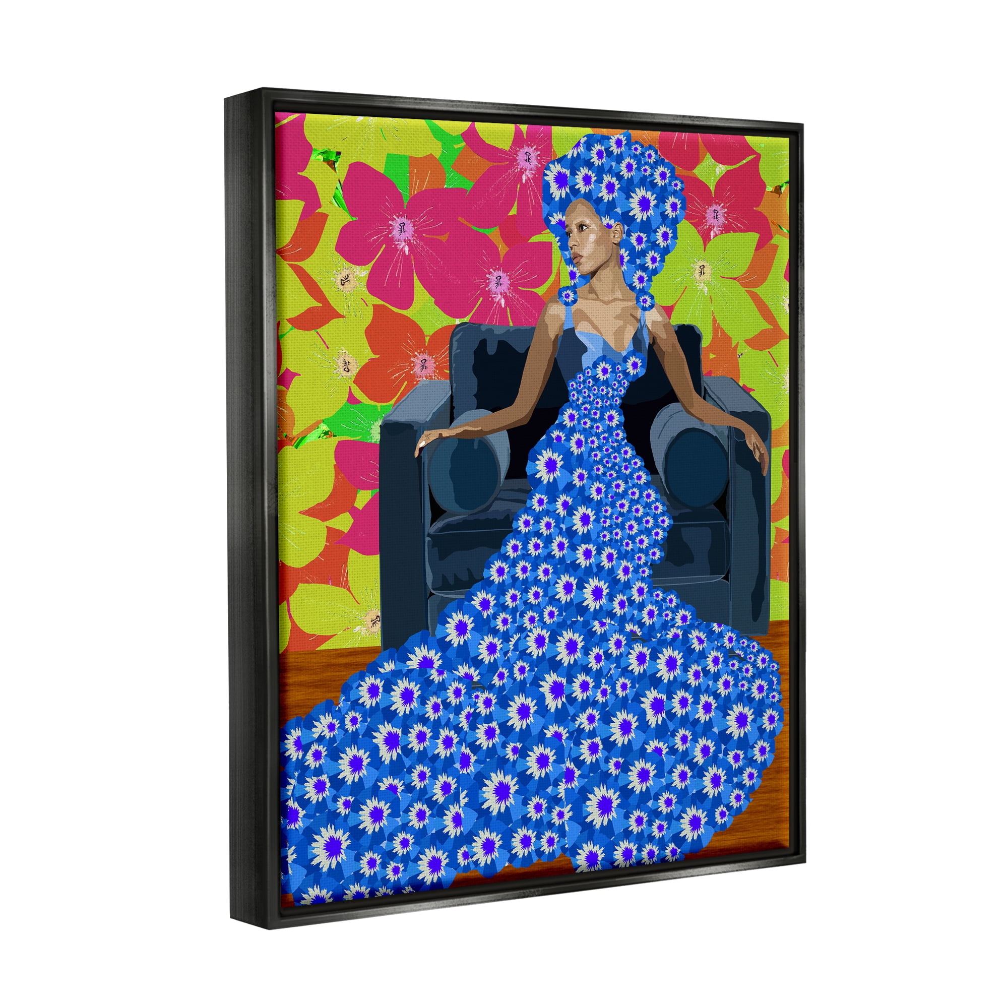 Stupell Industries Woman In Blue Retro Floral Pattern Botanical & Floral Painting Black Floater Framed Art Print Wall Art