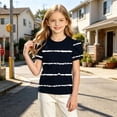 thumbnail image 6 of JOANKDMI Puff Sleeve Striped T Shirts Girls 8-9 Crewneck Short Sleeve Casual Tops Trendy Summer Graphic Basic Tees Pullover Blouse for Kids Everyday School Wear, 6 of 8