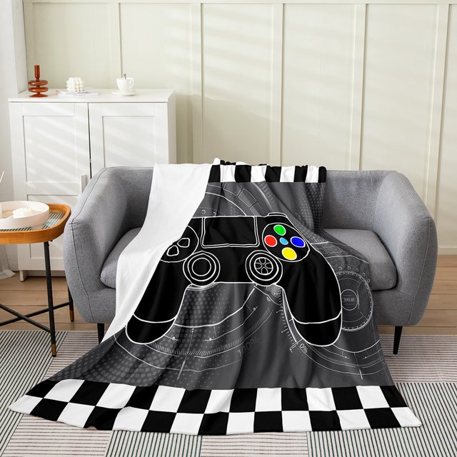Erosebridal Cartoon Gamepad Throw Blanket for Couch, Gaming Game Plush Blanket, Checkered Flag Decor