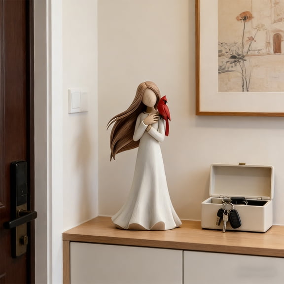 Cardinal Memorial Statue (7.9"), Hand-Painted Resin Angel Figurine Holding Red Bird, Sympathy Gift for Loss of Loved One, Bereavement Home Decor