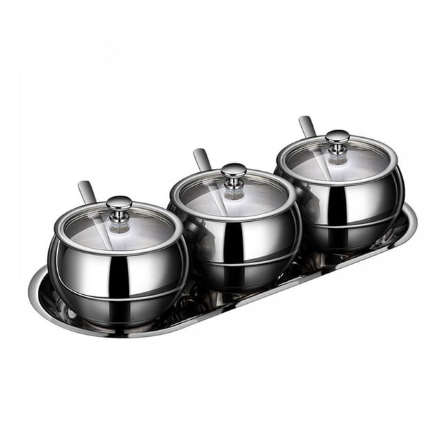 Sugar bowl with lid - 3 Pcs - 300ml - Pot à Épices - Support à Sucre en Acier Inoxydable - Récipient de Rangement de Cuisine - pour Sucre, Édulcorant, Épices