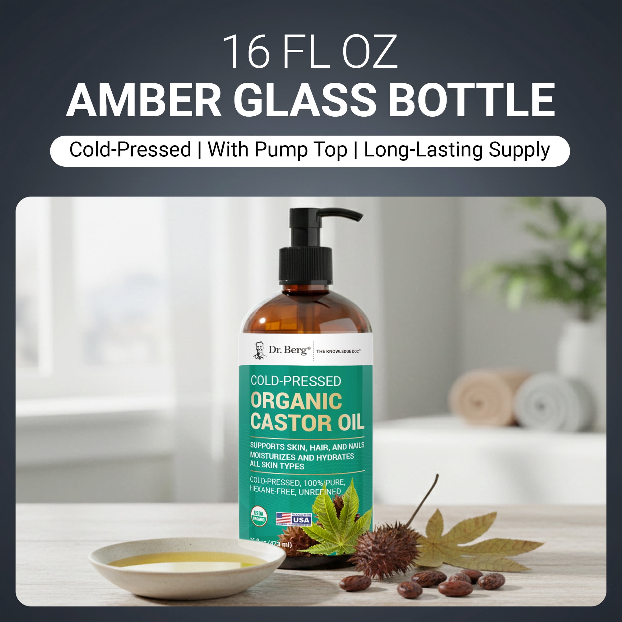 Dr. Berg Organic Castor Oil – Cold-Pressed & Unrefined, 100% Pure, Hexane-Free, USDA Organic – 16 fl oz