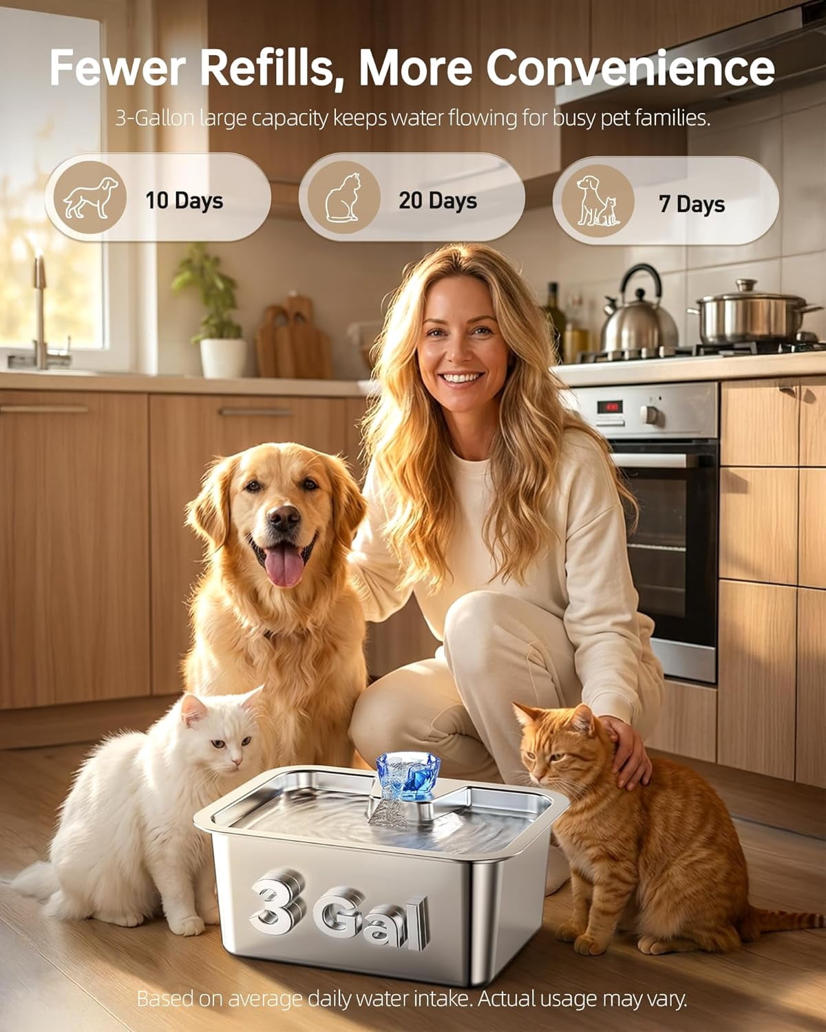 Dog Water Fountain with Silicone Mat - 3 Gallon Stainless Steel Pet Water Fountain with 6 Filters, Quiet Automatic Bowl Dispenser Drinking Waterer for Large Dogs & Multi-pet, Easy to Clean