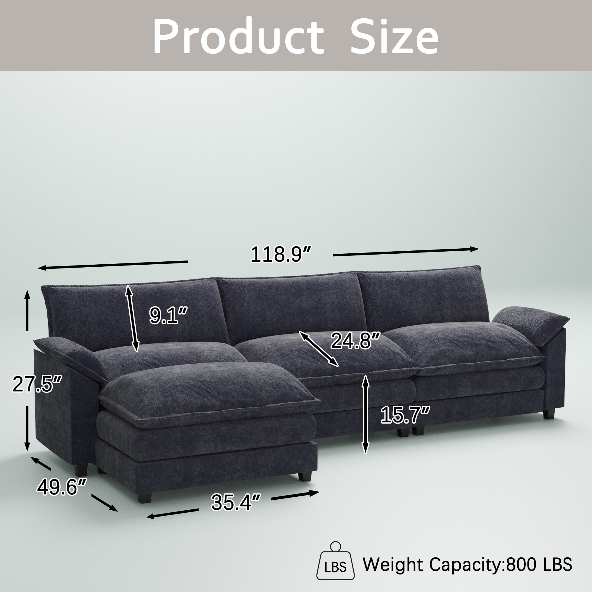 Furmax 3-Seat Sectional Sofa with Ottoman, Blue