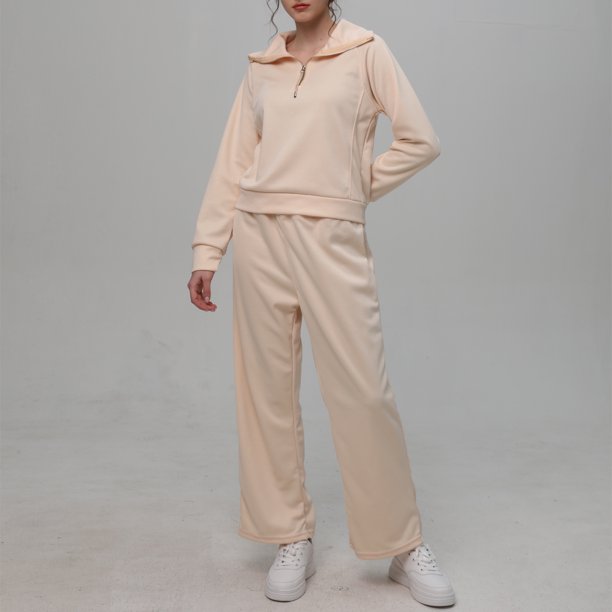 Conjunto de sudadera con media cremallera y pantalón de pierna ancha para mujer Cómodo traje de chándal de color sólido